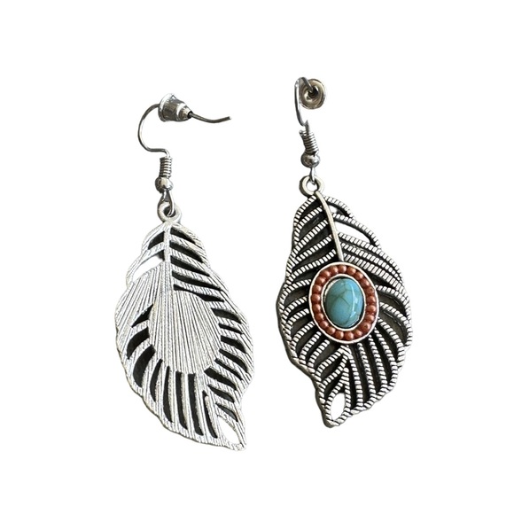Silver and Turquoise Cut Metal Feather Earrings - Picture 5 of 5